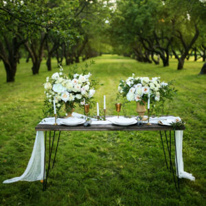 Wooden,Table,Standing,In,An,Apple,Orchard,Decorated,With,Fresh