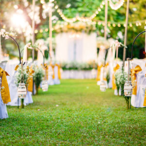 Beautiful,Wedding,Ceremony,Event,In,Garden,At,Sunset